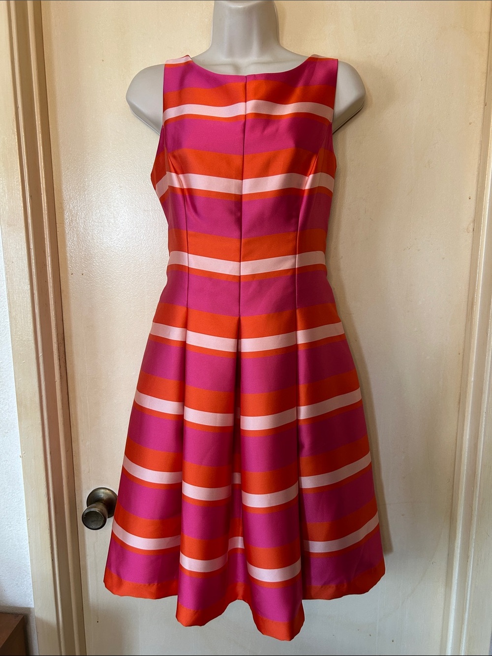 1901 Sleeveless Striped Fit-and-Flare Dress in Pink and Orange size 6